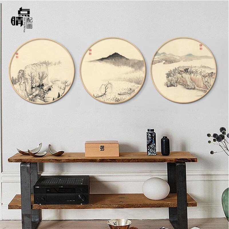 网红新中式圆形国画框装饰画禅意玄关山水水墨客厅实木挂画中国风