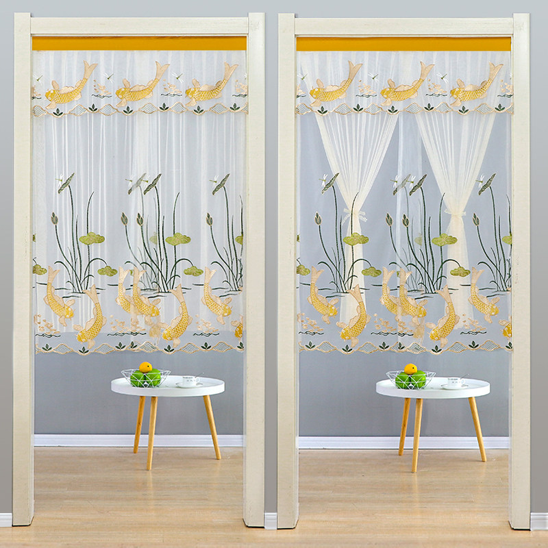 简约蕾丝门帘免打孔隔断帘夏半帘防蚊纱帘厨房卧室装饰门帘魔术贴