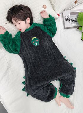 恐龙衣服儿童连体睡衣秋冬款男童卡通珊瑚绒加厚婴儿宝宝加绒睡袋