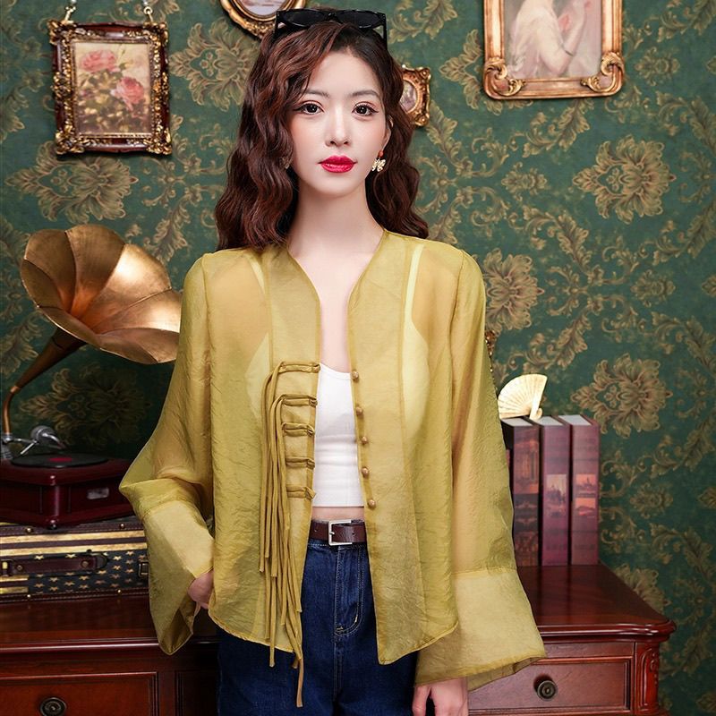 新中式时尚洋气薄款衬衫女士盘扣雪纺衫夏季新款宽松透气防晒上衣