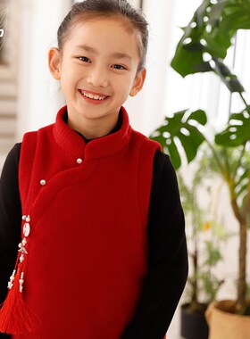 知了童装 新中式国风马甲夹棉呢子外套中长款冬款背心裙大童53322