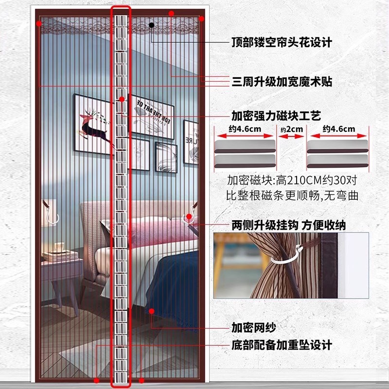 新款防蚊门帘加密强力磁铁夏季纱窗魔术贴家用金刚网纱门纱帘