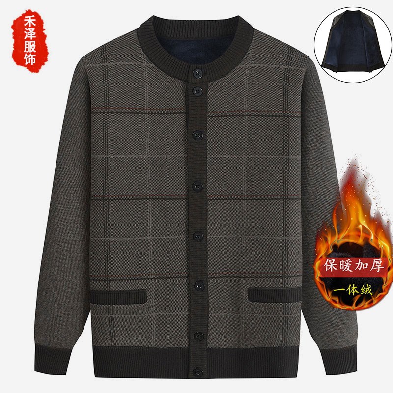 毛衣针织开衫男装中老年人爷爷爸爸父亲秋冬加绒加厚保暖对襟外套