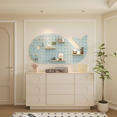 实木洞洞板置物架儿童房配件免打孔装饰造型墙上展示架挂衣架一体