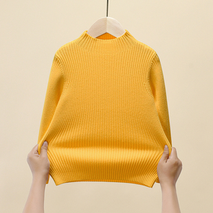 女童毛衣秋冬2023新款冬季大童半高领加绒黄色打底白色儿童针织衫