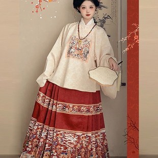 大码汉服女胖mm明制中国风方领补服马面裙红色日常秋季套装200斤