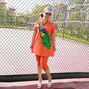 夏季胖mm大码打底两件套修身露肩连衣裙上衣宽松T恤七分裤女休闲