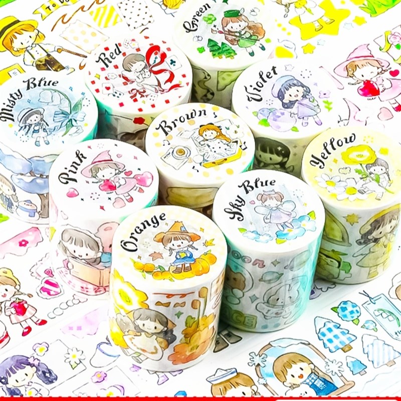 阿卓色调胶带11款分装整卷合集粉绿棕红雾蓝手账拼贴卡通素材贴纸