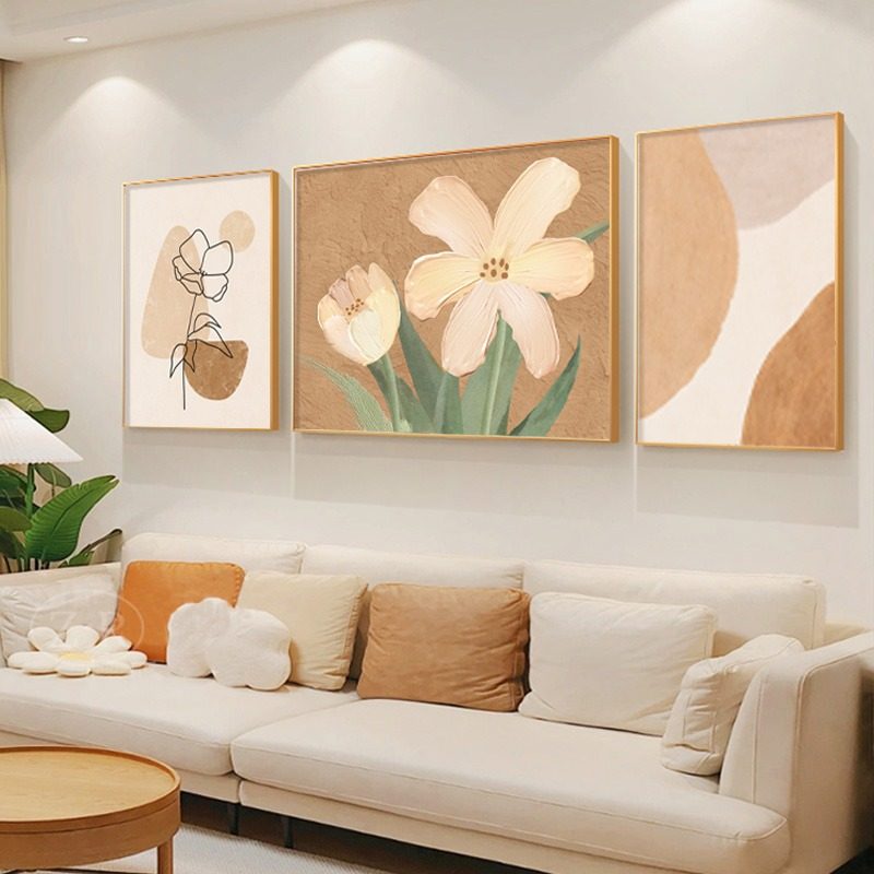 奶油原木风客厅三联装饰画郁金香花肌理艺术画沙发后背景墙壁挂画,家居饰品,现代装饰画,淘宝优惠券,粉丝福利购,淘宝优惠卷