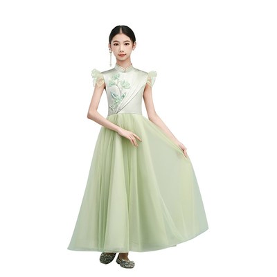 琴愫女童礼服中国风复古中式黄绿旗袍演奏古典舞合唱主持演出服