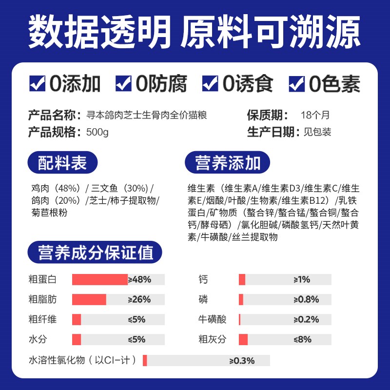 寻本鸽肉芝士冻干猫粮500g生骨肉营养主食全价猫粮