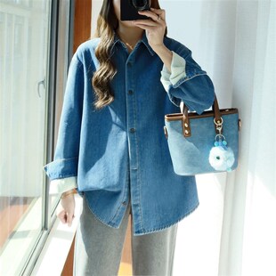 大码加绒牛仔衬衫女胖mm叠穿秋冬季一体绒加厚保暖胖妹妹宽松外套