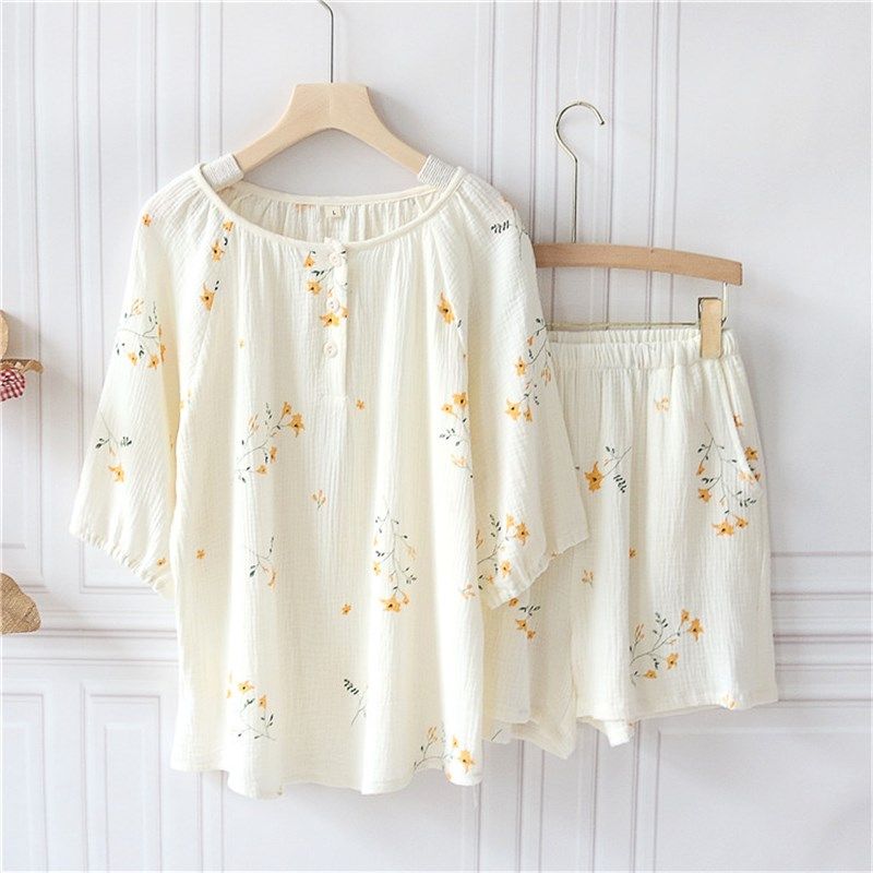 圆领套头五分袖棉纱布睡衣女纯棉薄款夏季全棉短裤家居服套装外出,女士内衣/男士内衣/家居服,睡衣/家居服套装,淘宝优惠券,粉丝福利购,淘宝优惠卷