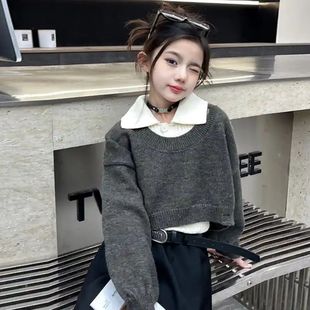 女童短款POLO领毛衣女秋冬季高腰两套针织衫上衣2024新款