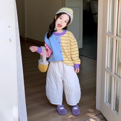 韩系女童多巴胺穿搭2025秋冬装新款小女孩拼色条纹毛衣针织开衫潮