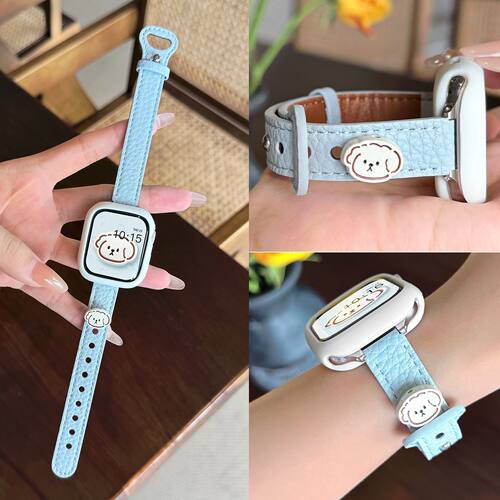 适用苹果手表s11表带皮质荔枝纹s10卡通装饰iwatch9腕带s8高级7女