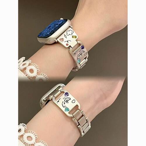 适用苹果S10/S9金属SE8/7镭雕可爱线条小狗表链iWatchApple手表带