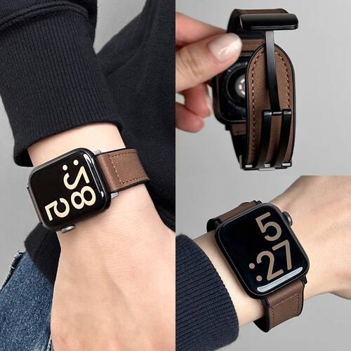 适用苹果表带S11疯马皮硅胶磁吸iwatch9表带真皮高级感表带