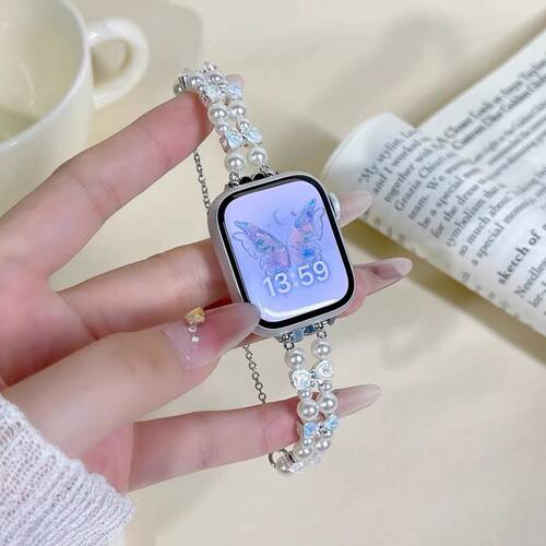 适用于s10/11苹果表带iwatch10珍珠蓝蝴蝶结applewatch表带高级感