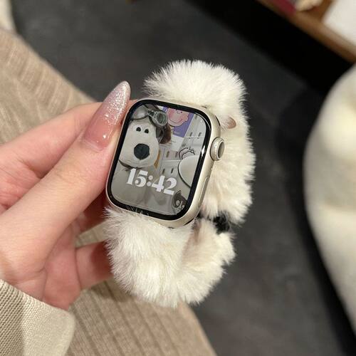 适用Apple苹果iWatchS10S9Ultra2仿兔绒毛876543手表带女秋冬真皮