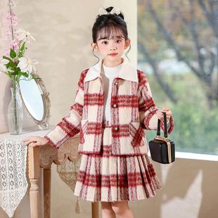女童毛呢2025新款冬季洋气儿童小香风时髦冬装中大童秋冬套装裙子