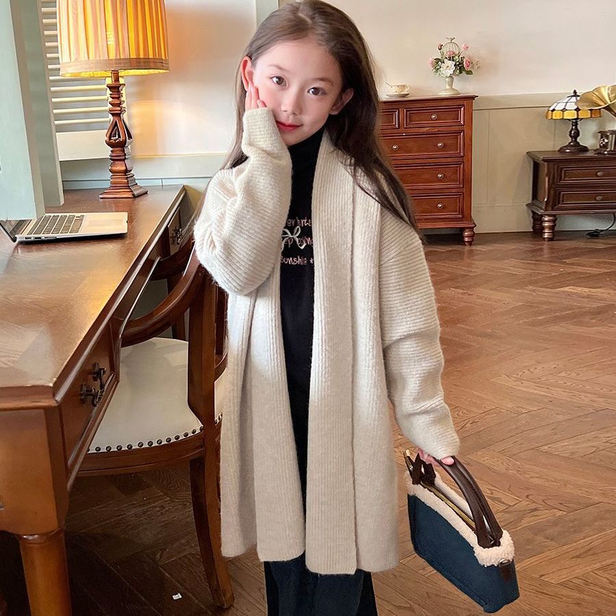 童装女童针织开衫长款外套洋气2024秋季新款儿童宝宝慵懒风毛衣潮