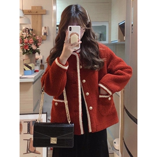 红色小香风羊羔毛外套女胖MM秋冬法式 高级感名媛显瘦气质上衣