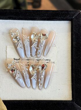 (闪婚)美甲纯手工穿戴甲可拆卸贴片猫眼奢华爆闪鸽子蛋大钻水滴