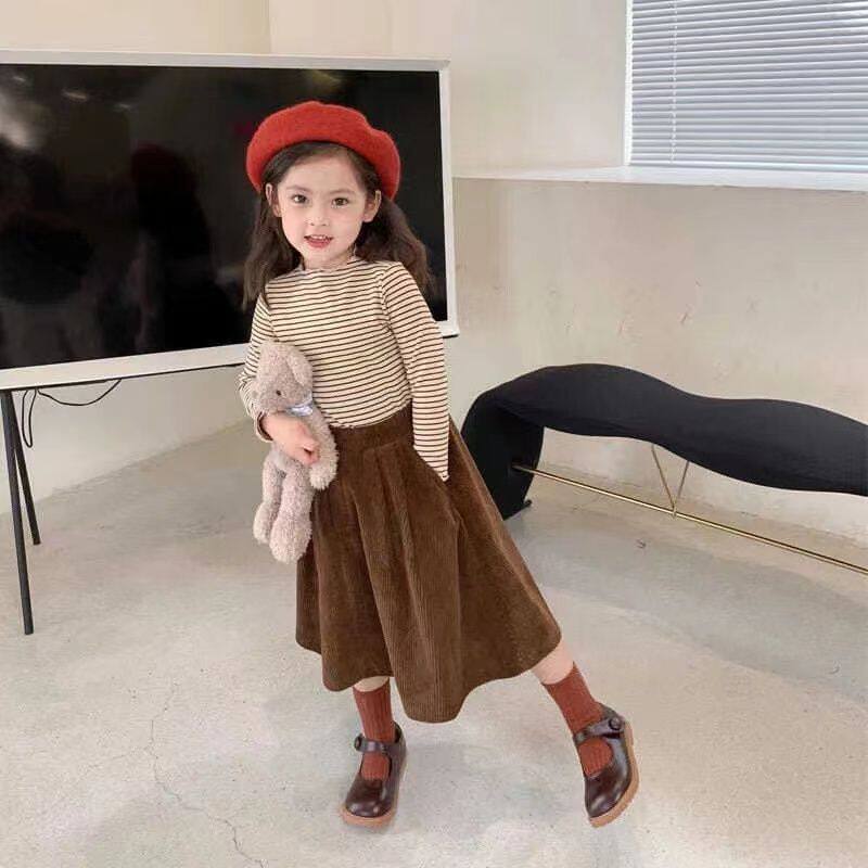 女童灯芯绒半裙秋冬2023宝宝复古时尚半身裙儿童纯色a字裙子百搭