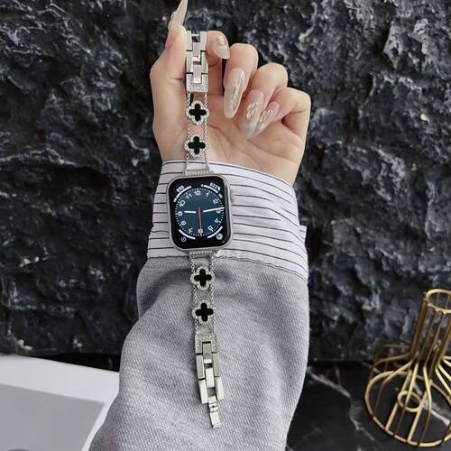 适用于苹果S11/10表带新款Applewatch四叶草链条小香风iwatch表带