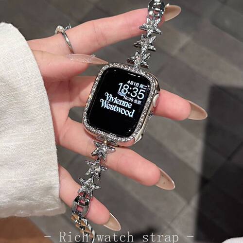适用苹果手表iwatch9表带细款金属星星带钻链Applewatch8/SE3表带