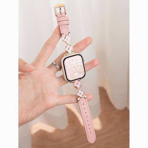 小香风拼皮质适用苹果s11手表带applewatch109se链条真皮腕带轻奢