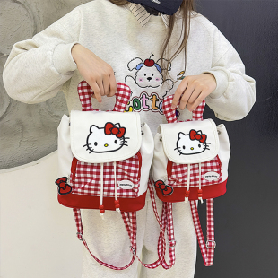 hellokitty红色格子双肩包包女2026新款卡通凯蒂猫软萌迷你小背包