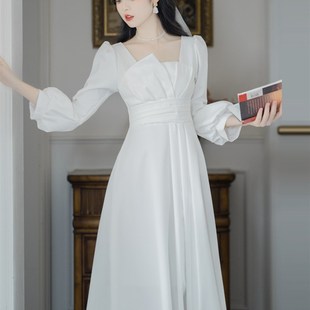 速发登记衣证小礼领仪式感衣服复古法式轻婚纱伴娘服白色连服裙