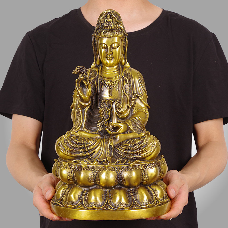 速发纯铜南音菩萨佛像供奉摆件家用观海坐莲观世音一叶观音送子铜