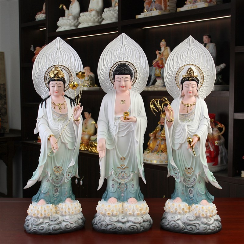 速发西方三圣观音大势至奉弥陀佛家用供阿树脂仿陶瓷汉白玉站佛像