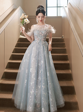 速发蓝色晚礼服裙2感25新款宴会气质高级0轻奢小众高端仙气主持人