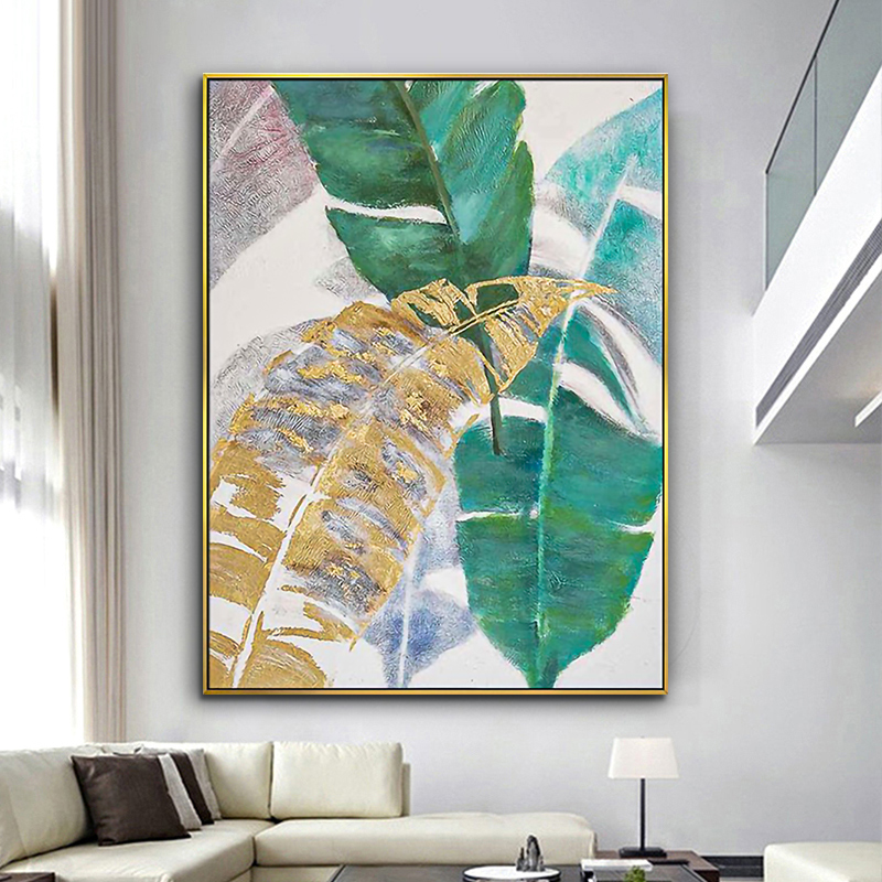 现货速发手绘玄关油画挂画客厅装饰画抽象树叶装饰画纯手工玄关竖图片