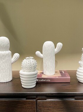 创意白色陶瓷仙i人掌摆件轻奢创意客厅样板房玄关桌面家居软装饰
