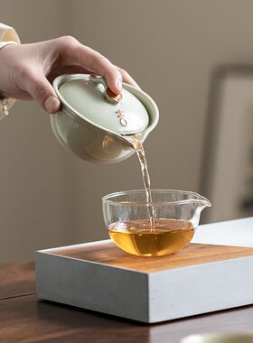 汝窑便携式旅g行茶具套装茶水分离户外车载快客杯玻璃公杯一壶三