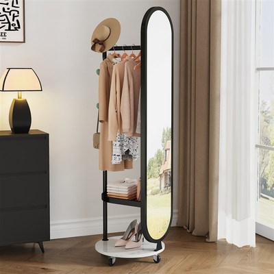 晾衣架落地衣帽架家用卧室可移动旋转带J挂衣杆一体全身试穿衣镜