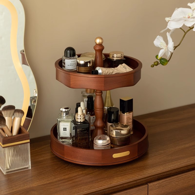 化妆品收纳盒桌面高级感多功能梳妆台置物架护肤品V香水木质首饰