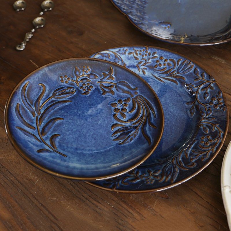 复古浮雕蓝色陶瓷盘家用西餐盘多层水果架冷餐甜S品盘水果早餐盘,餐饮具,盘,淘宝优惠券,粉丝福利购,淘宝优惠卷