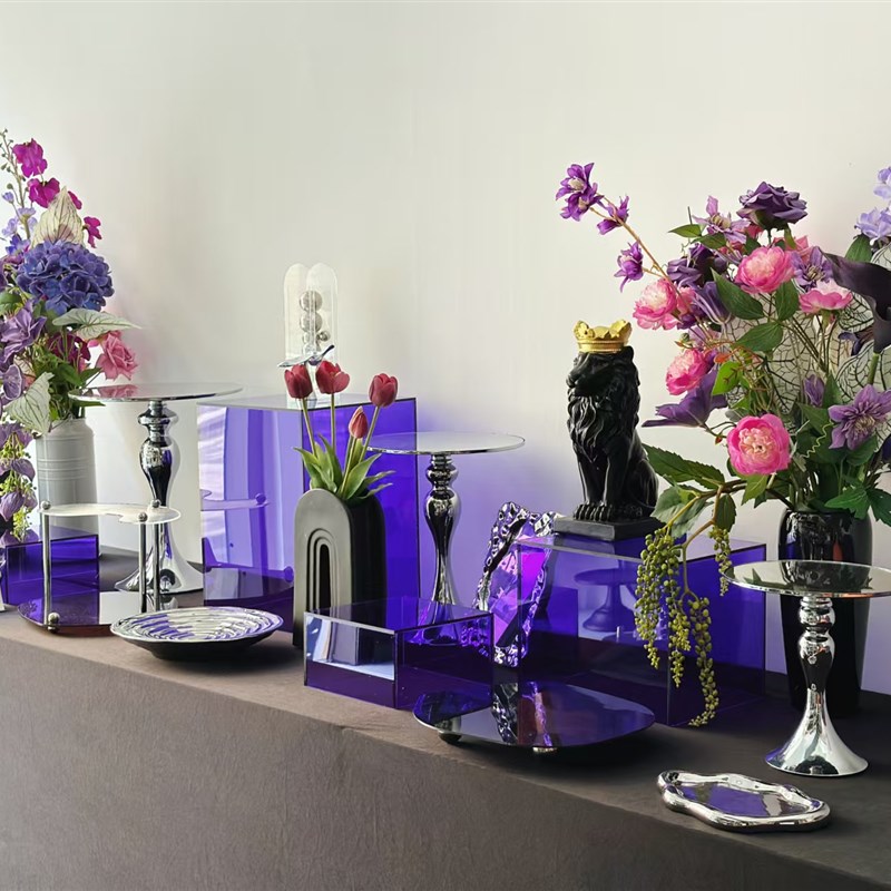 亚克力甜品台展示n架摆台摆件茶歇甜品台展示架蓝紫色蛋糕架