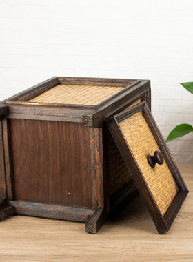 泰国实木垃圾桶木质收纳储物酒店复古家用L客厅纸篓有盖藤编干花