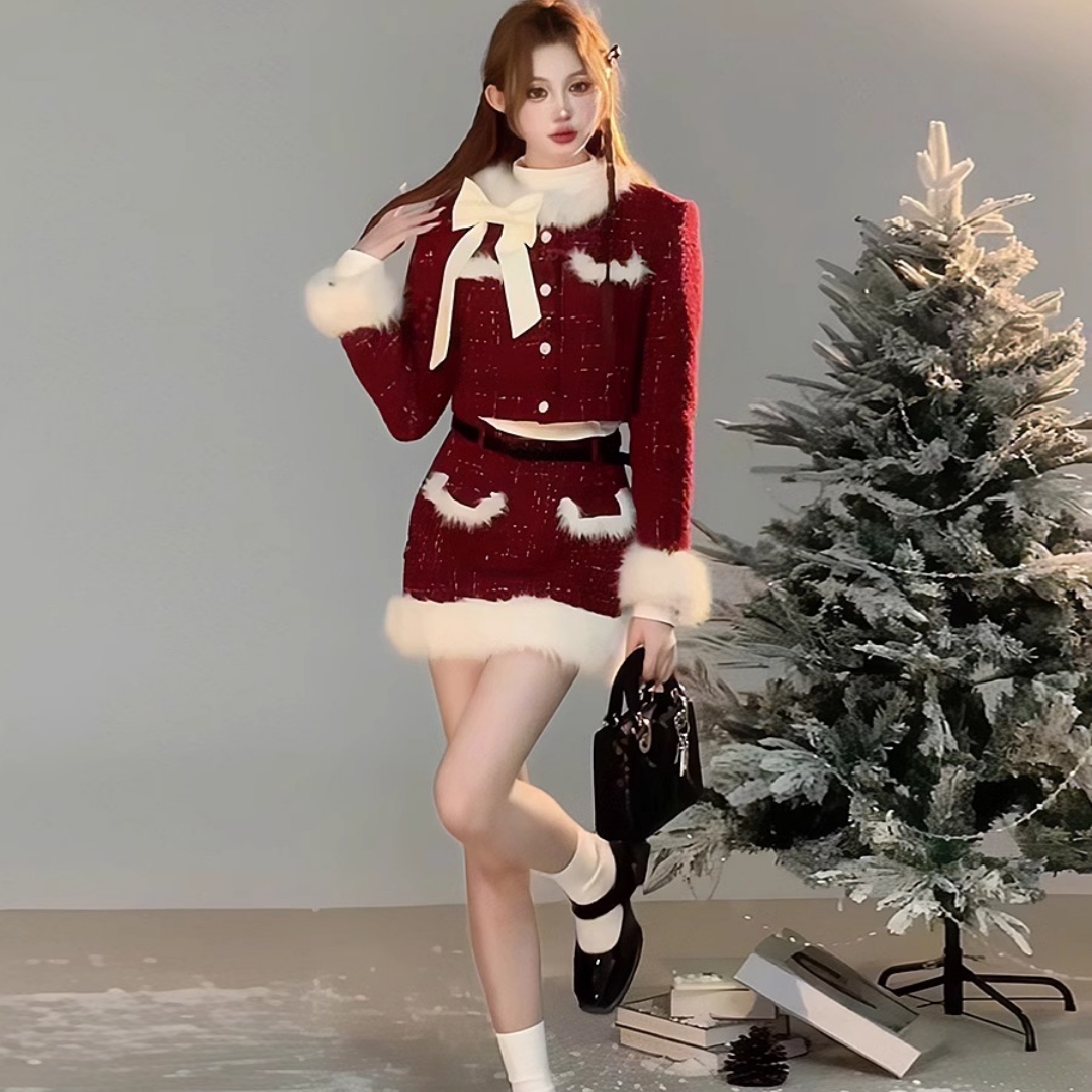 2025圣诞爆款告白夜格纹小香风套装秋冬夹棉短外套半身裙子两件套
