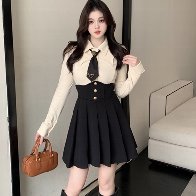 微胖显瘦气质学院风套装女2025新款秋设计款长袖衬衫束腰鱼骨裙