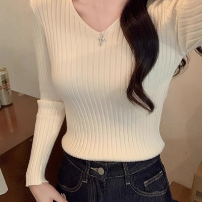2025秋冬新v领内搭毛衣女士春秋薄款修身显瘦长袖打底针织衫上衣