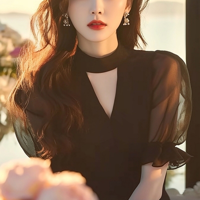 2024新款法式独特漂亮设计感小衫高级感复古黑色雪纺衬衫上衣女夏