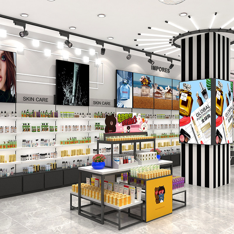 化妆品货架组合美容院产品展示柜陈列架带灯靠R墙背柜护肤品摆放